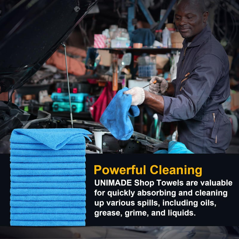 UNIMADE Shop Towels Rags, 50 Pack Reusable Shop Rags Bulk Microfiber Cleaning Cloth Lint Free Cleaning Towels for Car Kitchen Automotive Bar Mechanic Restaurant Garage, 11.5""x 11.5"", Blue - Image 3